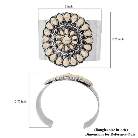 White Howlite Gemstone 12.00 ctw Floral Cuff Bracelet in Silvertone 7.5" - Picture 3 of 3